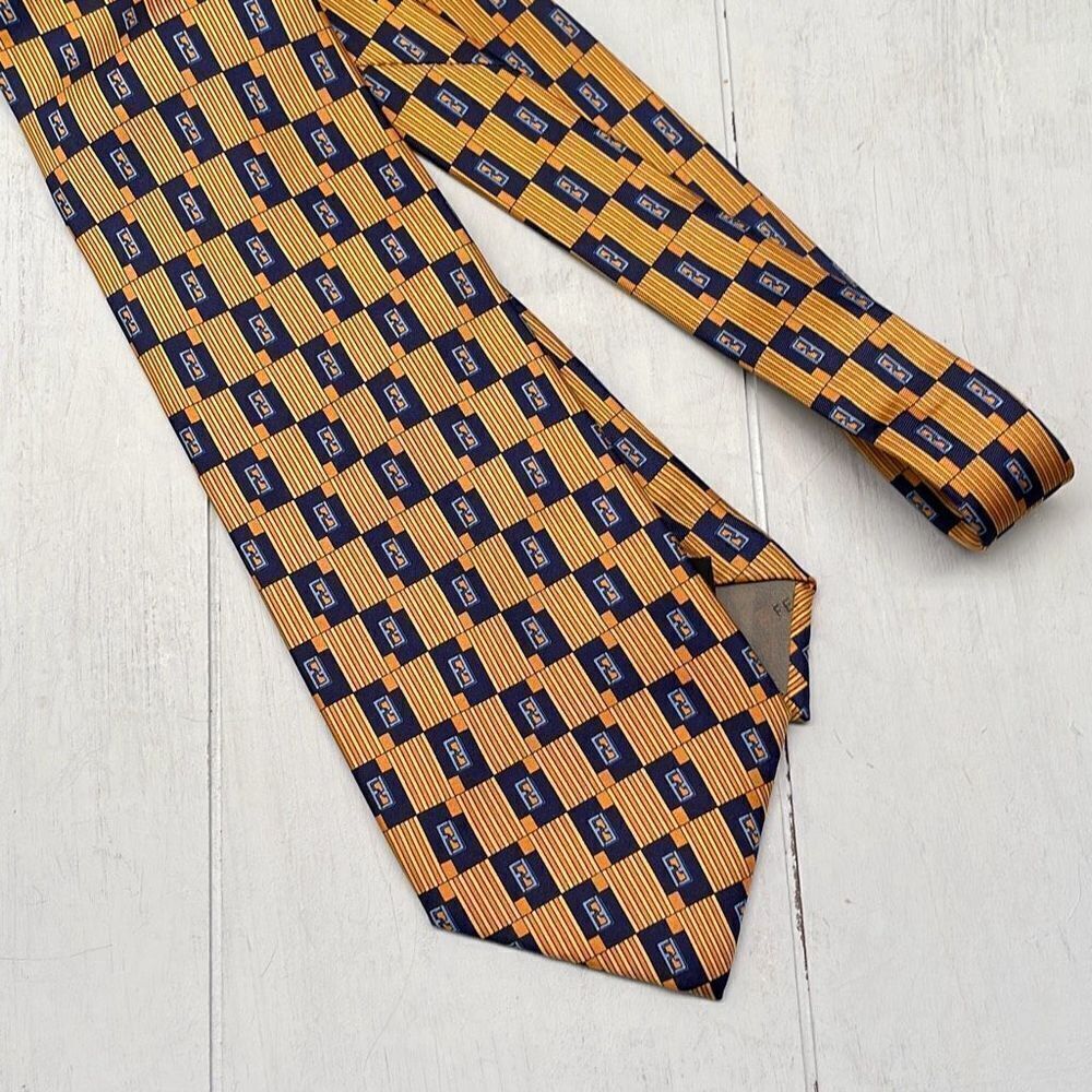 Fendi Silk Tie for Men‎ Cravette Gold and Blue Handmade Made in Italy W COA